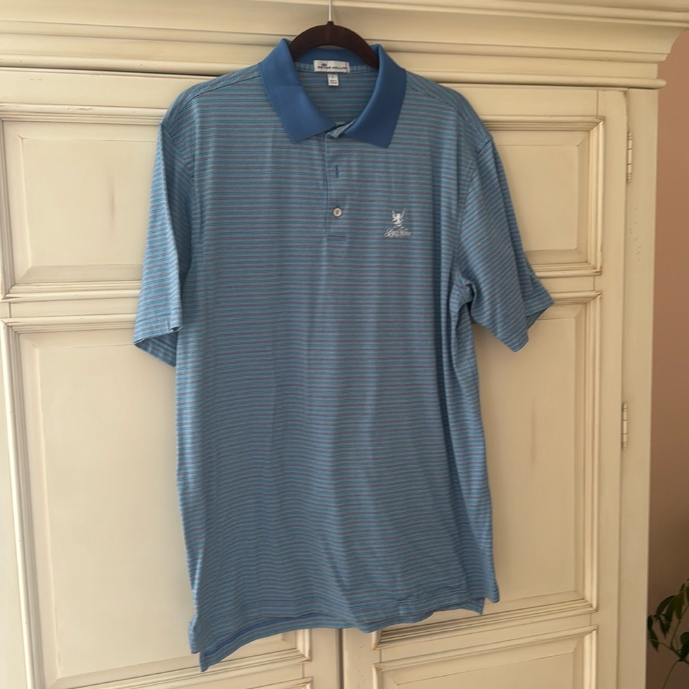 Peter Millar Men’s golf shirt, blue striped Large Excellent condition